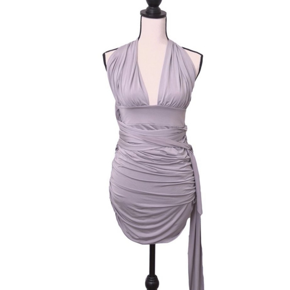 Gray Deep V Ruched Mini Dress With Halterish Long Waist Tie Sash (L)